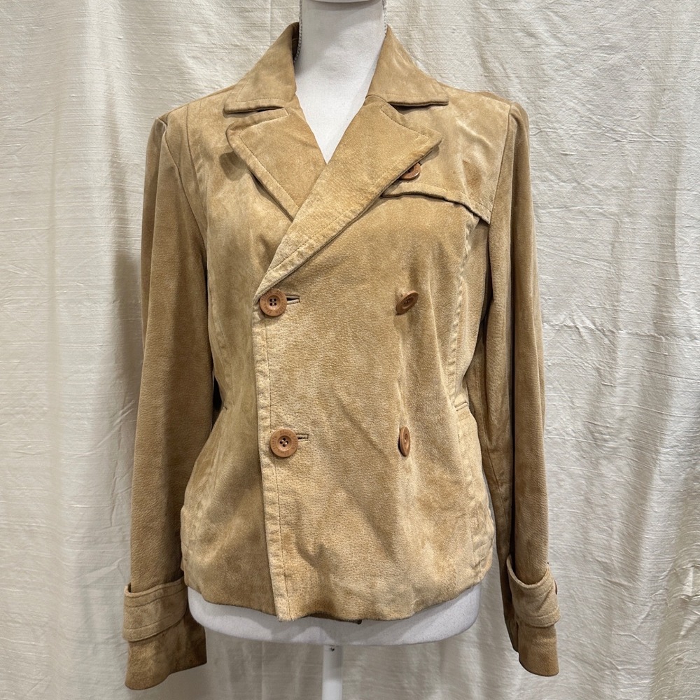 Y2K Live a Little Tan Suede Leather Double Breasted Pea Coat Jacket Small Preppy
